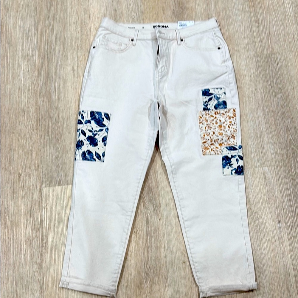 2 for 20$ Sonoma Women's Cream Jeans with Blue and Brown Patches